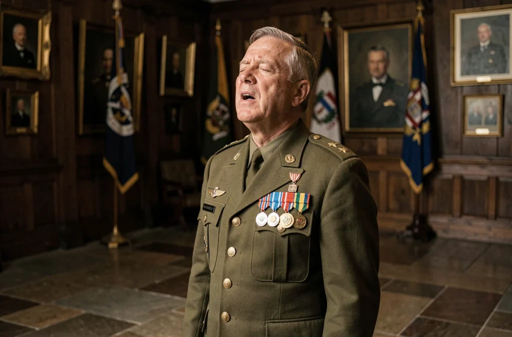 Vétéran militaire en uniforme dans une salle régimentaire, visage recueilli évoquant les chants et traditions militaires françaises