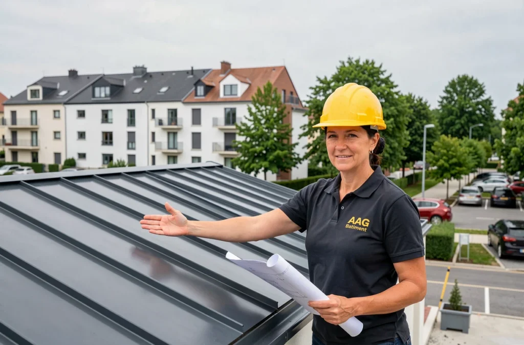 Cheffe de projet d'AAG Bâtiment devant un immeuble récemment équipé d'une toiture métallique à Besançon