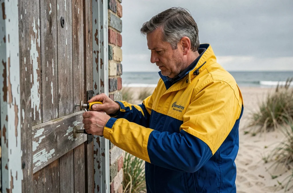Technicien d'Ab&C Rénovation installant une serrure sur une maison côtière à Bernières-sur-Mer