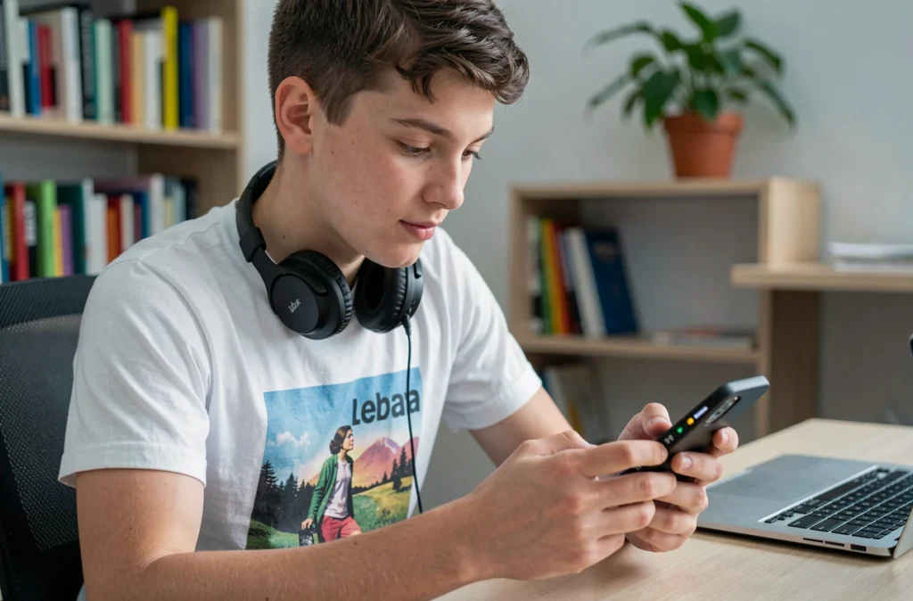 Adolescent dans sa chambre utilisant un code USSD pour trouver son numéro Lebara
