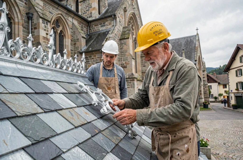 Artisans de l'Atelier St Joseph restaurant la toiture en ardoise et zinc d'une église dans un village du Doubs