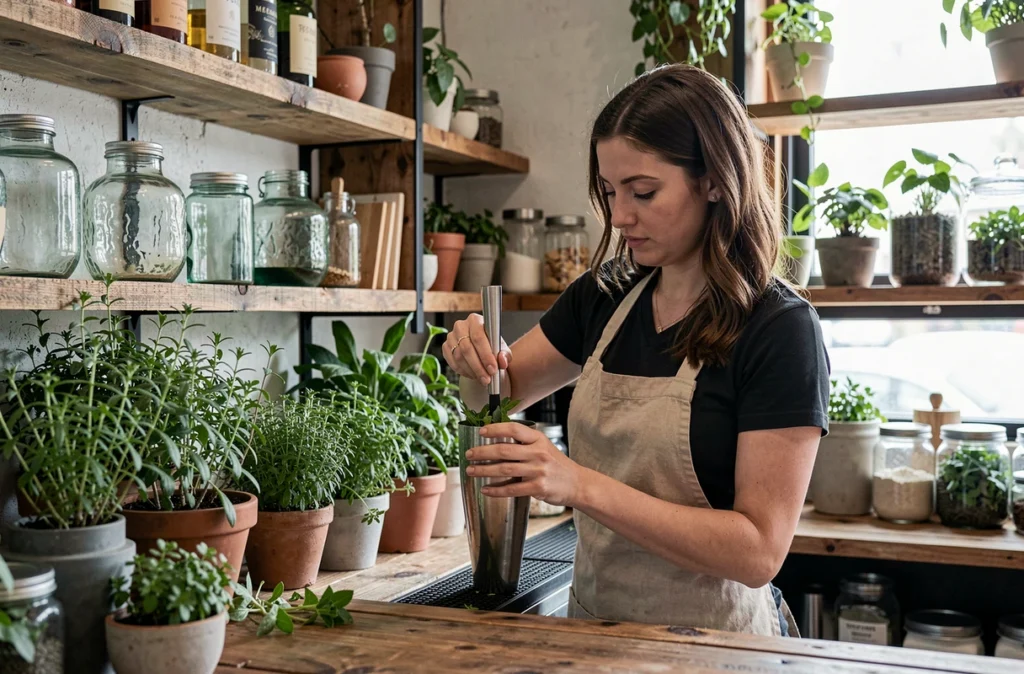 Barman préparant des cocktails écoresponsables au bar Nouveau avec herbes fraîches et matériaux recyclés