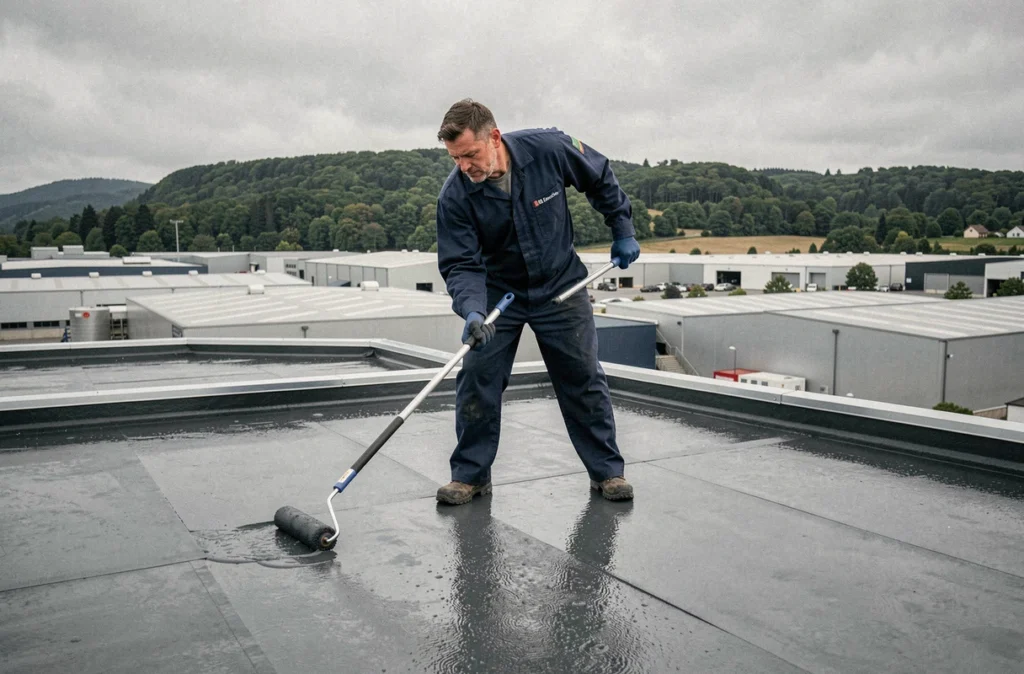 Technicien de BBS Etancheité appliquant une membrane d'imperméabilisation sur une toiture plate commerciale près de Besançon