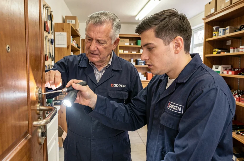 Le père et le fils de Benoit Père Et Fils collaborant sur une serrure de commerce à Caen