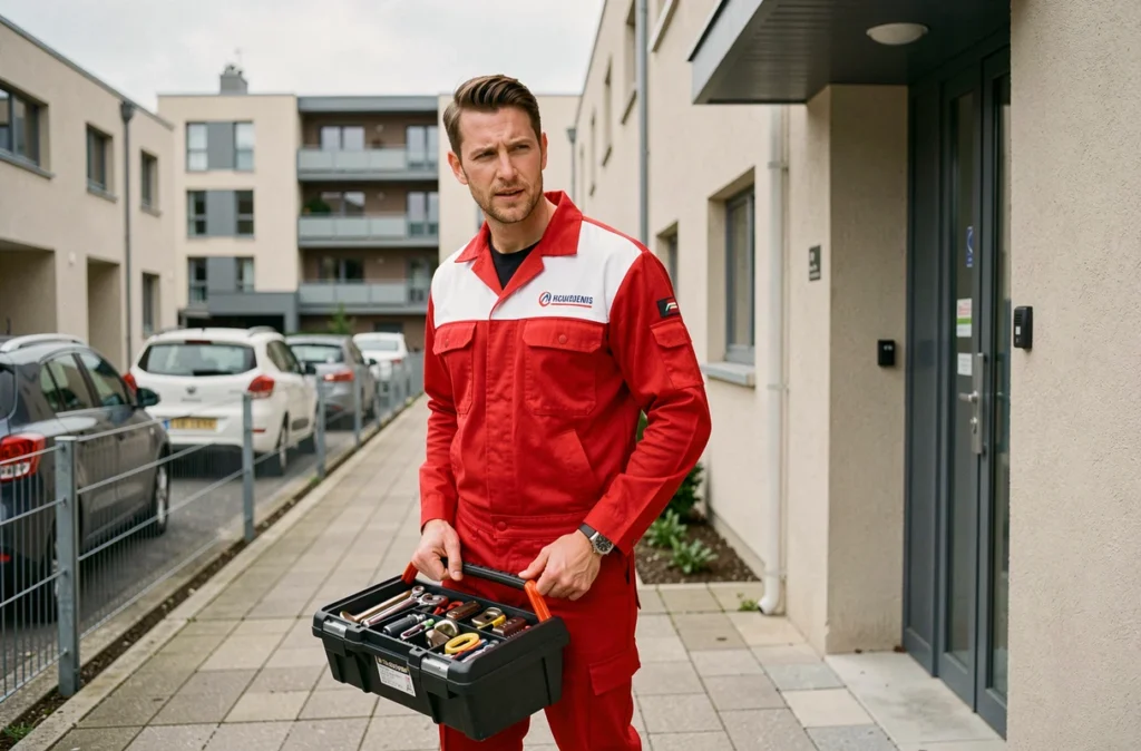 Technicien de Bs Rénovation arrivant sur le lieu d'intervention avec sa caisse à outils à Caen