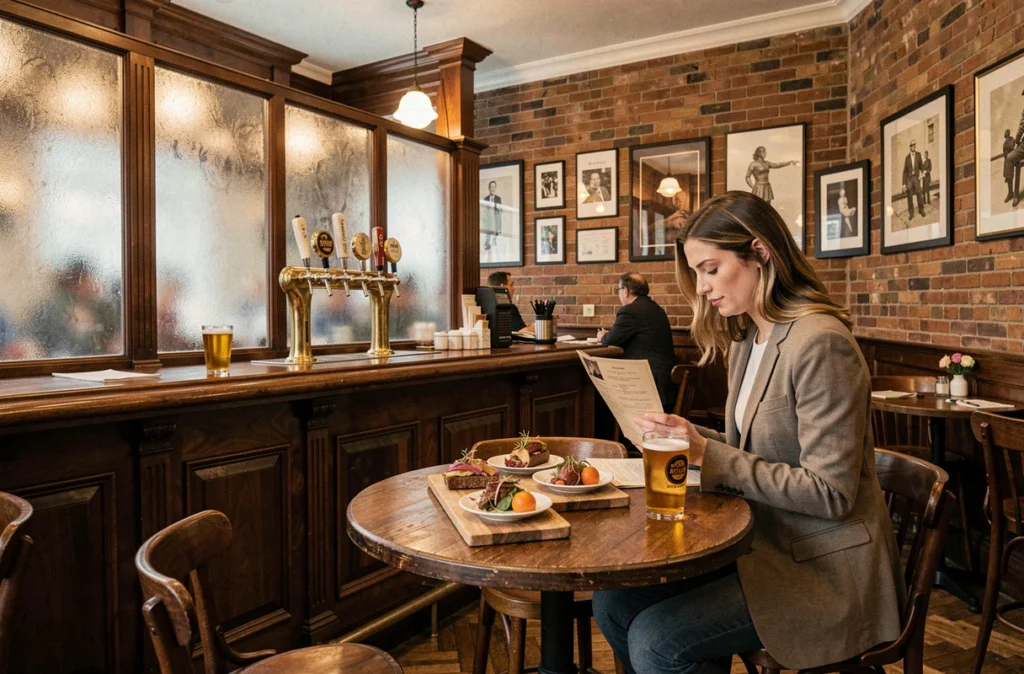 Intérieur de pub gastronomique parisien The Cambridge Public House avec boiseries sombres et bières pression