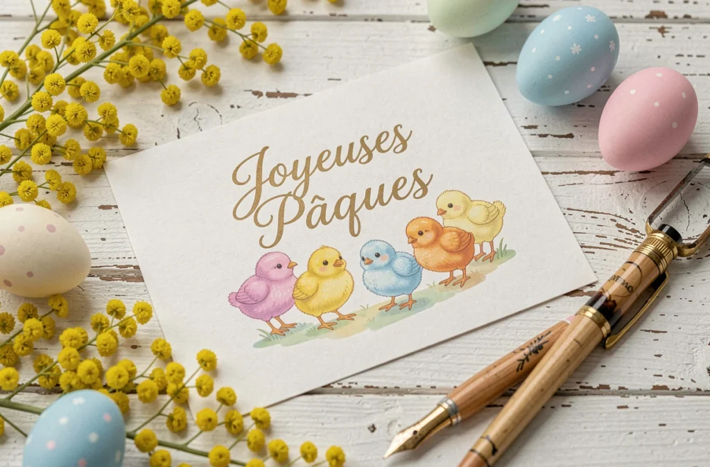 Carte de vœux Joyeuses Pâques imprimée posée sur bois blanc avec œufs pastel et mimosa