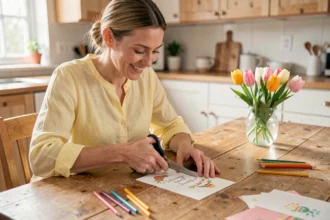 Femme découpant une carte de vœux de Pâques imprimée à la table de cuisine en bois