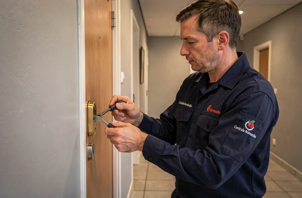 Technicien de Centrale Normandie en intervention sur une porte d'appartement à Caen