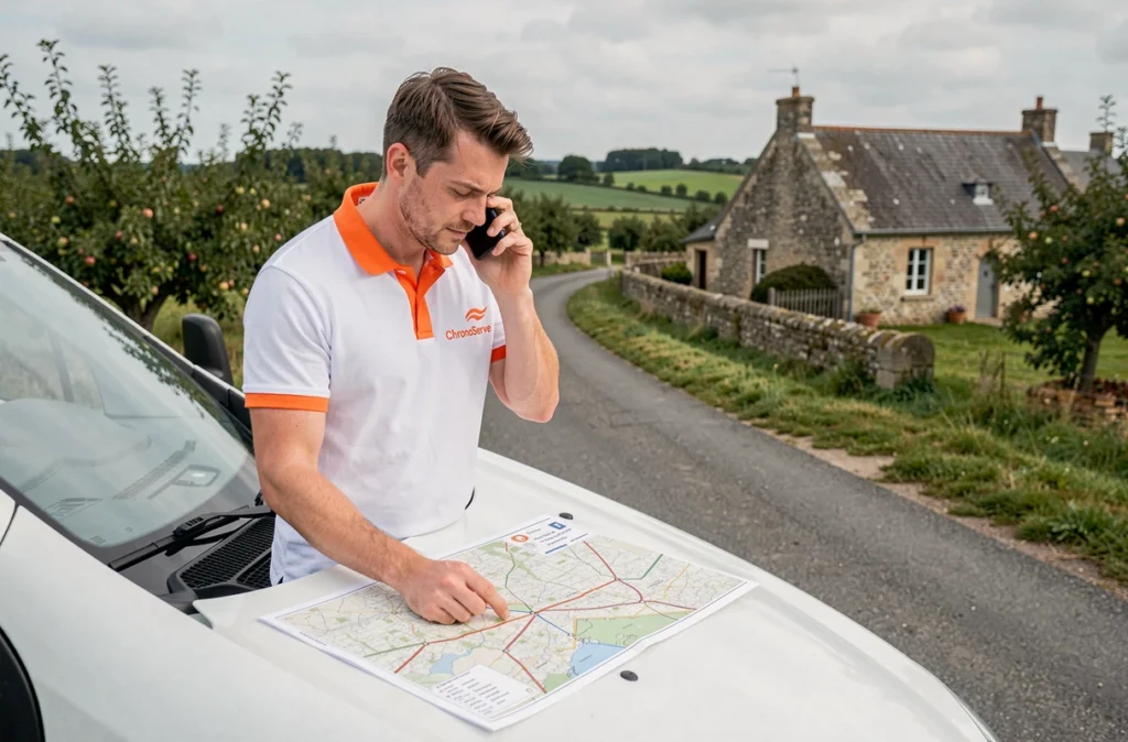 Technicien ChronoServe coordonnant ses interventions sur une carte du Calvados depuis sa camionnette