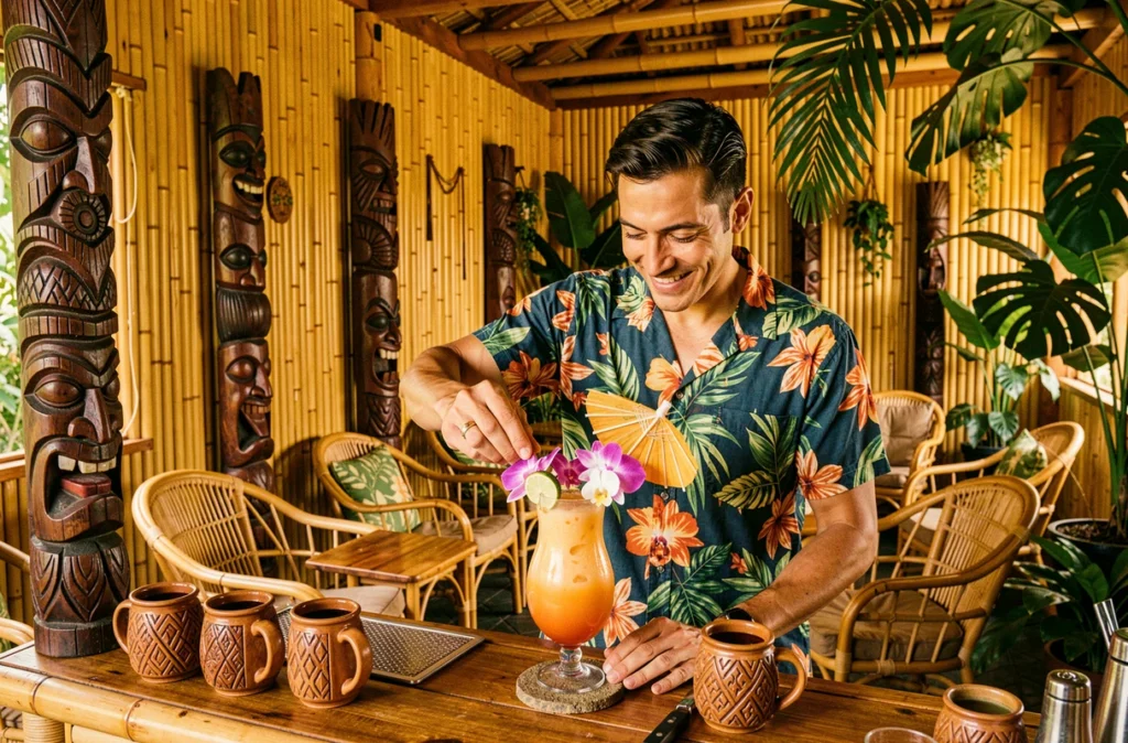 Décor tiki immersif de Copperbay avec totems sculptés, mobilier en rotin et cocktails garnison tropicale