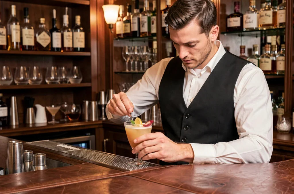 Barman expert préparant un cocktail d'auteur au bar Danico au cœur de Paris