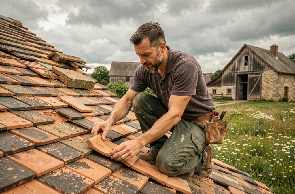David Masson, couvreur indépendant, remplaçant des tuiles en argile sur une ferme traditionnelle dans le Doubs