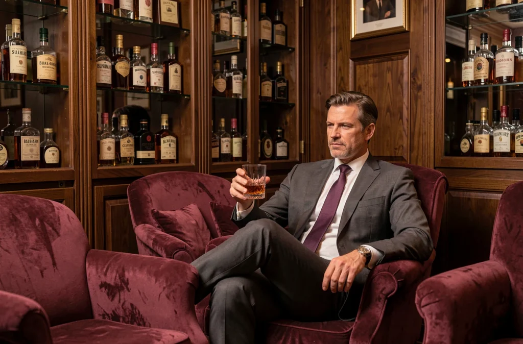 Ambiance feutrée du bar De Vie avec fauteuils en velours et collection de spiritueux rares sur des étagères vitrées