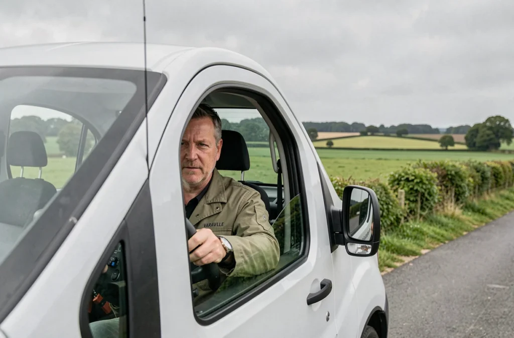 Serrurier Éric Bouquillon dans sa camionnette sur une route rurale près de Varaville