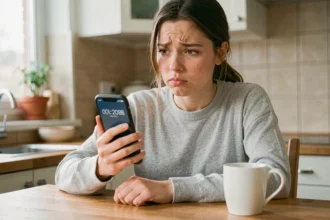Femme consultant un numéro inconnu sur son smartphone Lebara avec une expression intriguée