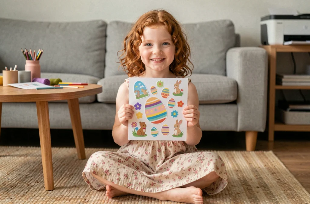 Fillette souriante tenant une carte de Pâques imprimée et décorée de stickers dans le salon