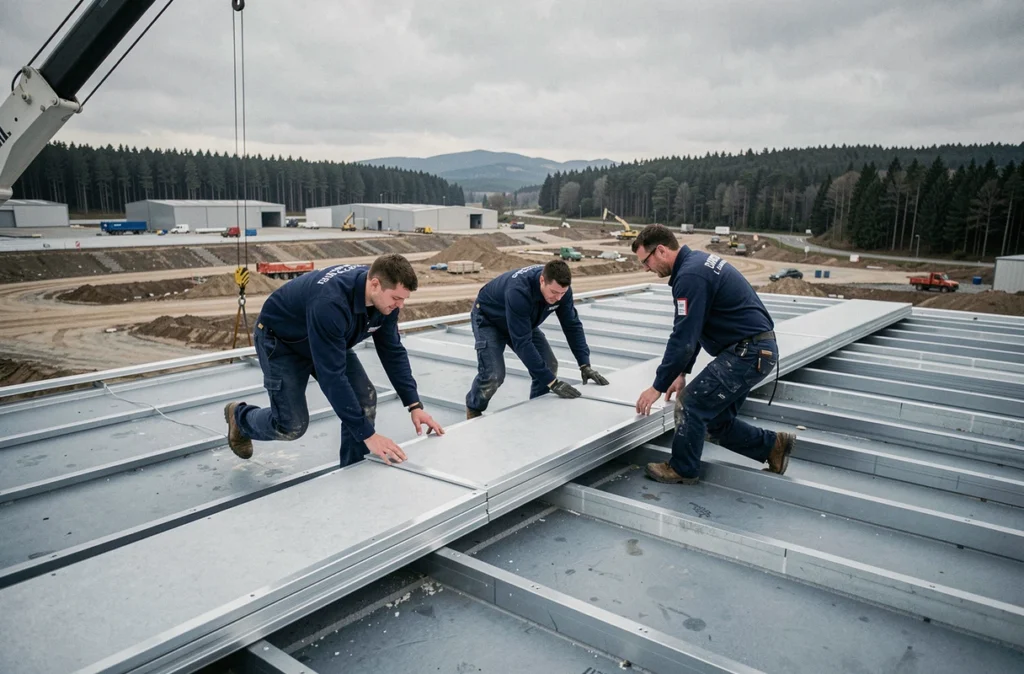 Équipe du Groupe Le Carré installant des panneaux de toiture isolés sur un bâtiment commercial dans le Doubs