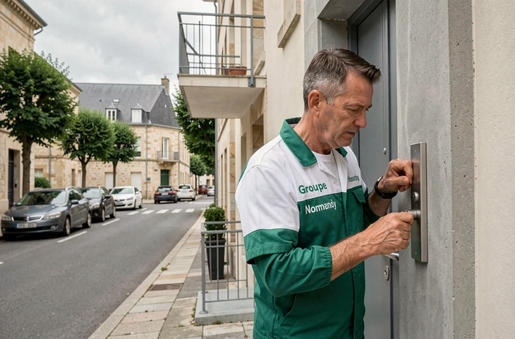 Technicien du Groupe Normandy inspectant une serrure sur une porte d'immeuble à Caen