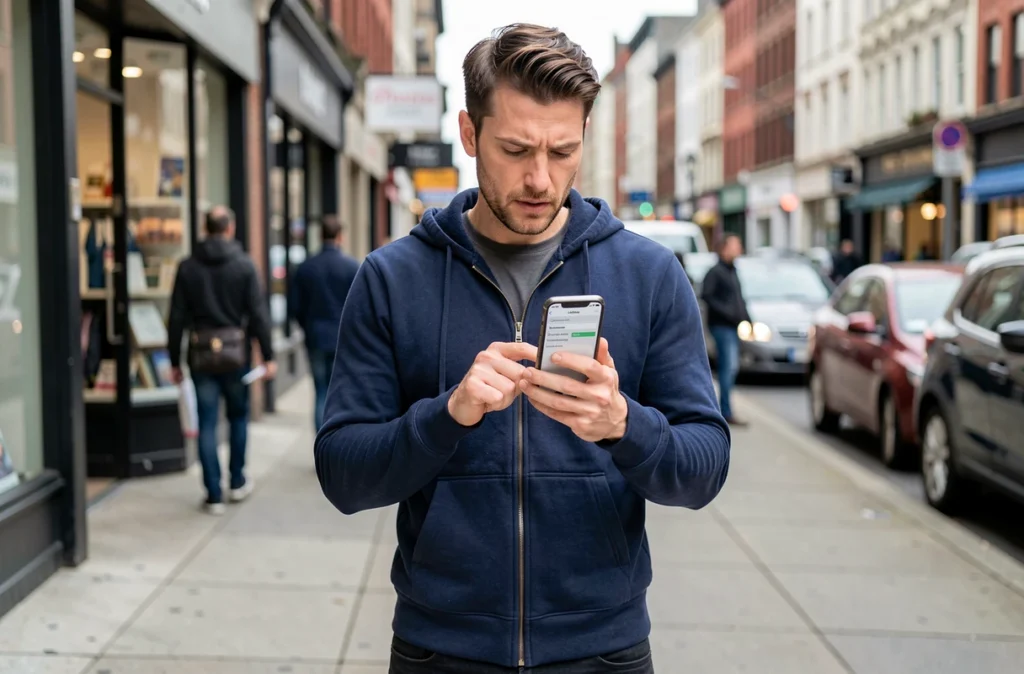 Homme dans la rue vérifiant son numéro de téléphone Lebara dans les paramètres de son mobile