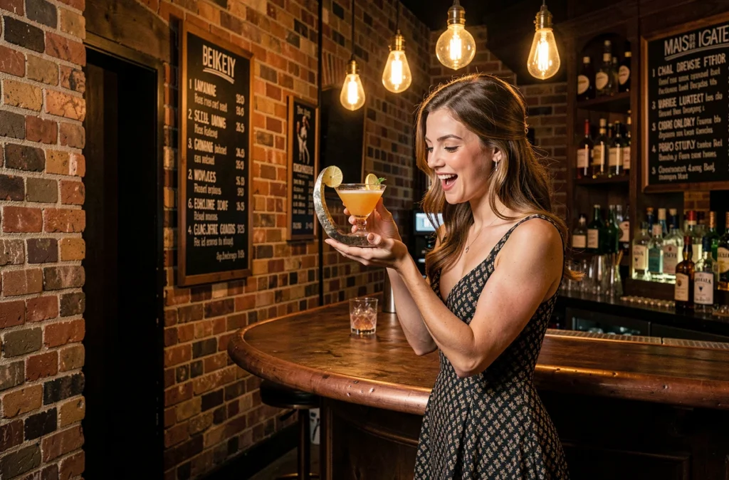 Ambiance speakeasy du Little Red Door avec briques apparentes, comptoir en cuivre et cocktails dans des récipients sculptés