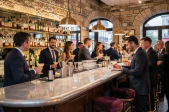 Scène animée dans un bar parisien élégant avec comptoir en zinc, bouteilles de spiritueux et clients bien habillés