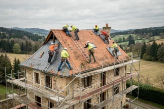Équipe de couvreurs professionnels travaillant sur une maison traditionnelle dans le Doubs, région Franche-Comté