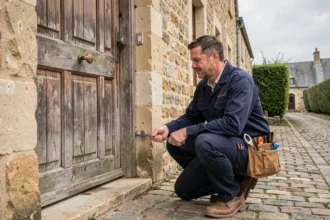 Serrurier professionnel intervenant devant une maison en pierre normande typique du Calvados