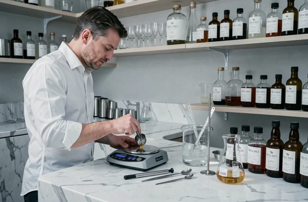 Barman de Mesures utilisant des outils de précision pour composer un cocktail sur un comptoir en marbre épuré