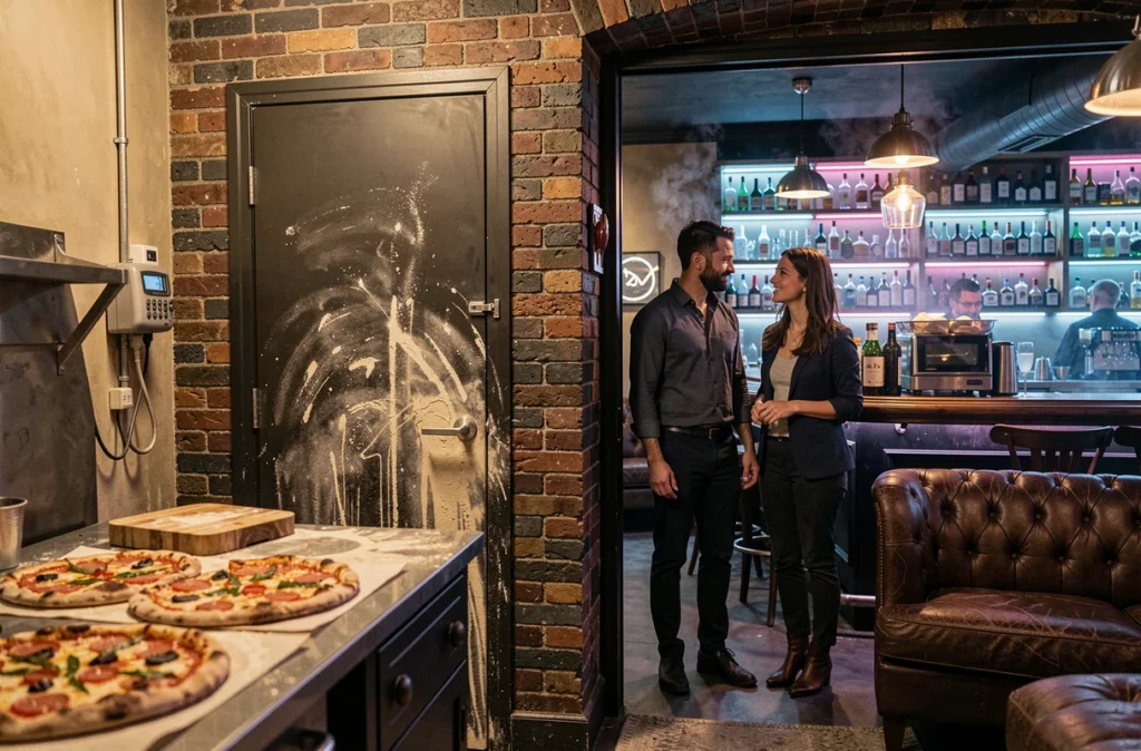 Entrée secrète du bar Moonshiner dissimulée derrière une pizzeria avec porte dérobée menant à un speakeasy tamisé