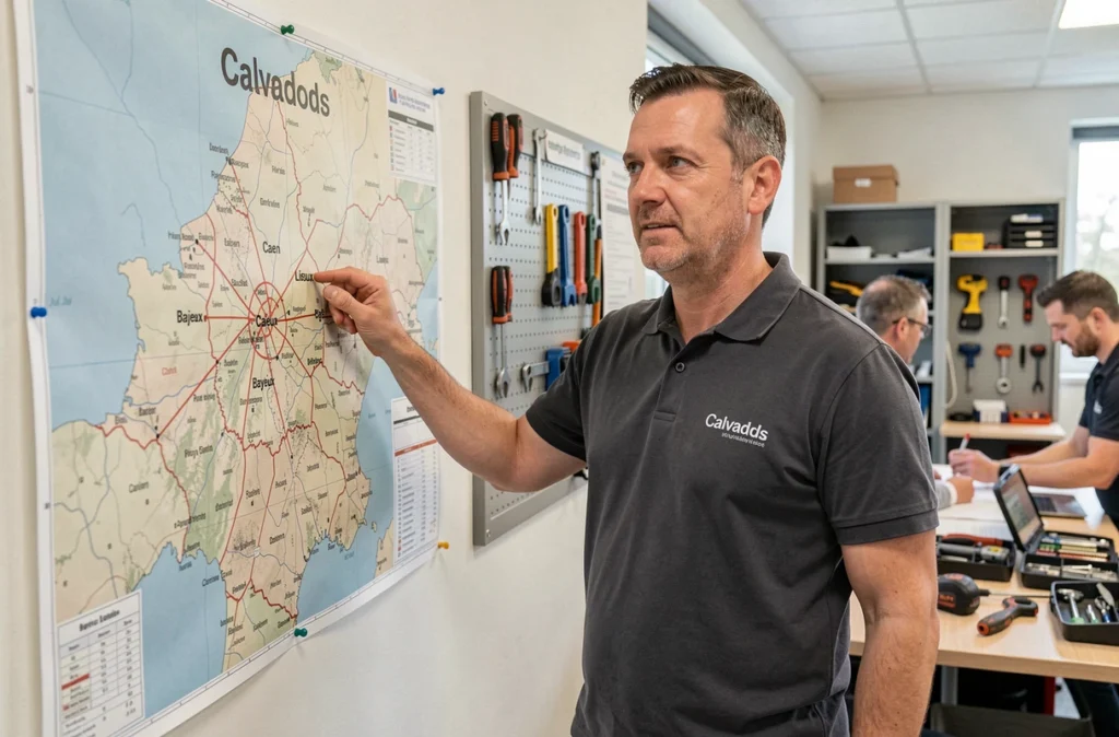 Représentant du réseau Où Serrurier présentant la couverture du réseau sur une carte du Calvados