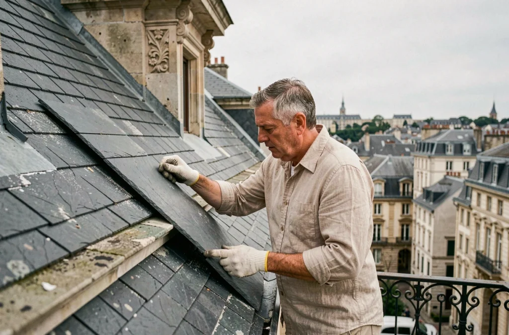 Spécialiste de la préservation du patrimoine restaurant une toiture en ardoise sur un bâtiment historique à Besançon