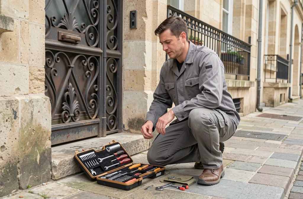 Serrurier à Caen agenouillé devant une porte traditionnelle avec sa trousse à outils ouverte