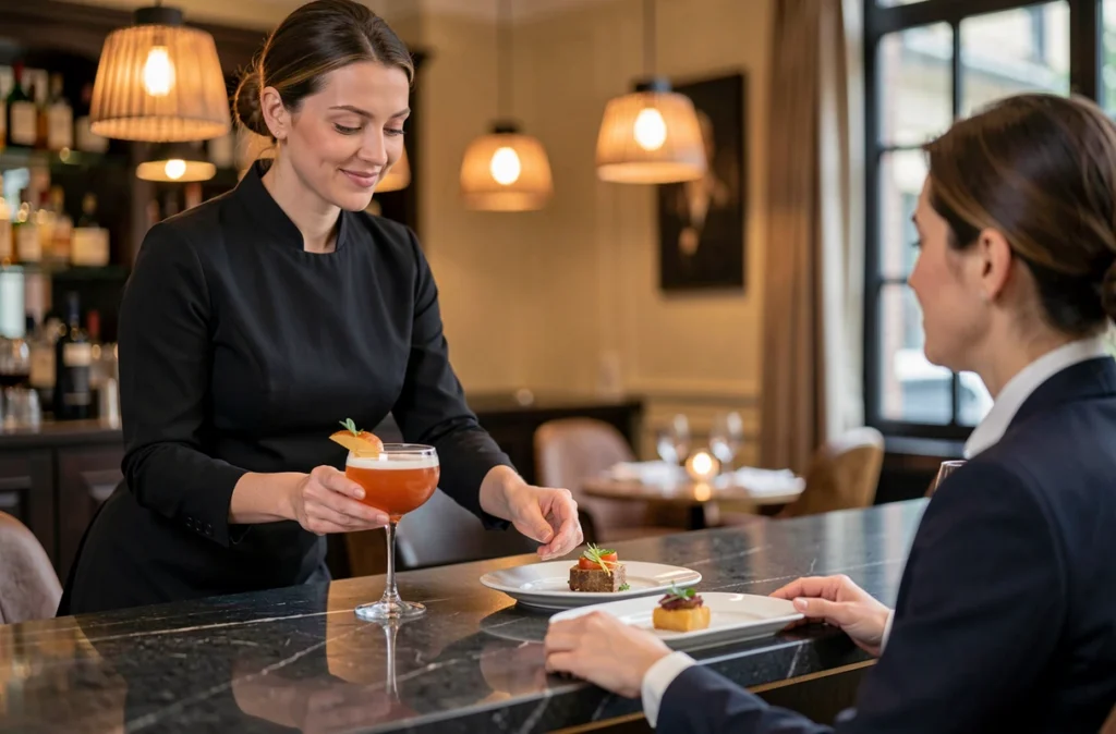 Association cocktails et gastronomie au bar Superfine avec accord mets et boissons sur comptoir en pierre sombre