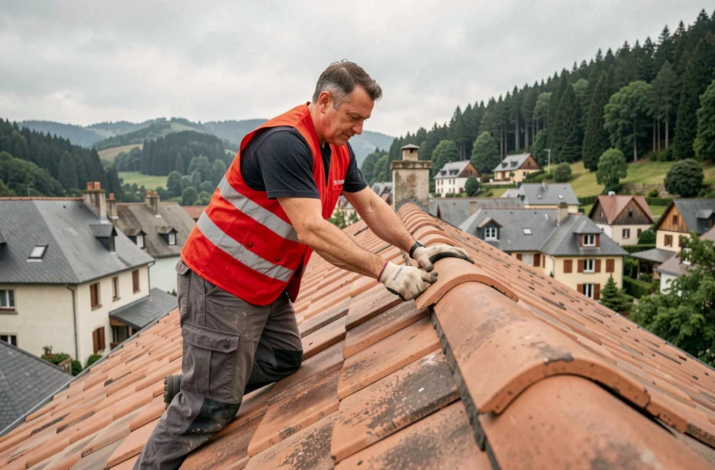 Couvreur de TB Toiture posant le faîtage final sur une toiture résidentielle dans une commune du Doubs