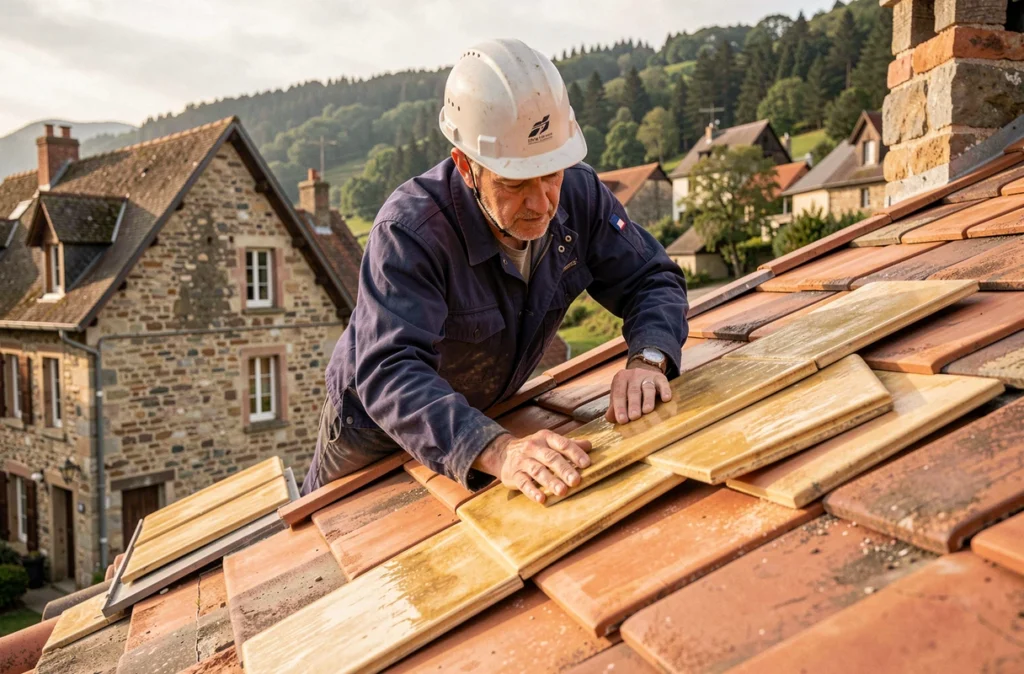 Couvreur de La Tuile D'Or posant une tuile dorée sur une toiture traditionnelle dans le Doubs