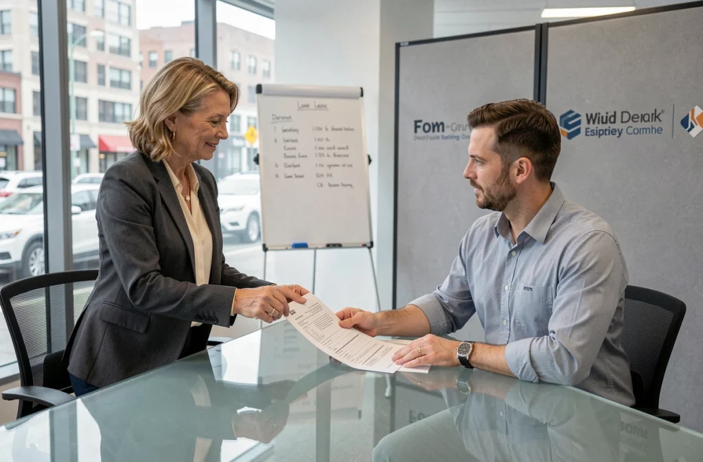 Agent immobilier présentant un contrat de bail commercial à un entrepreneur