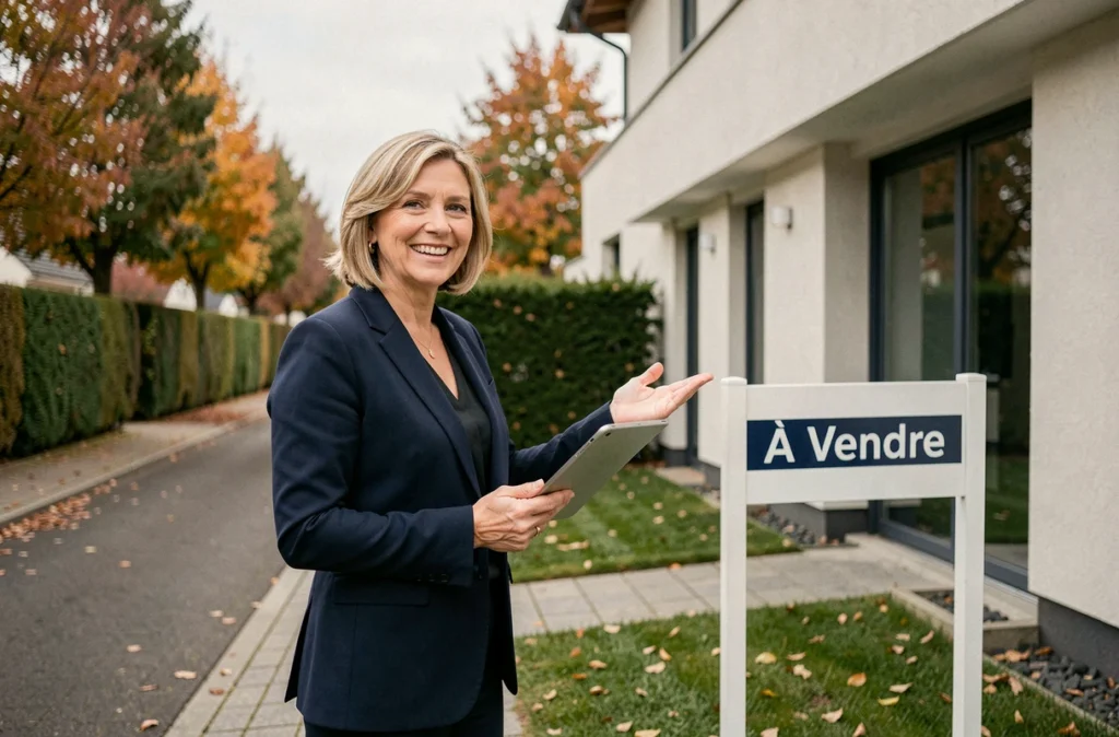 Agente immobilière devant une maison à vendre en banlieue résidentielle en automne