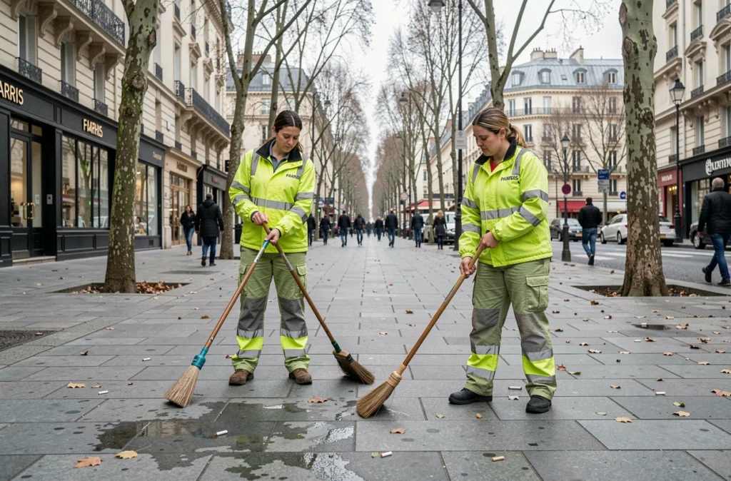 Agents municipaux de propreté nettoyant un trottoir parisien avec des balais sur un boulevard animé