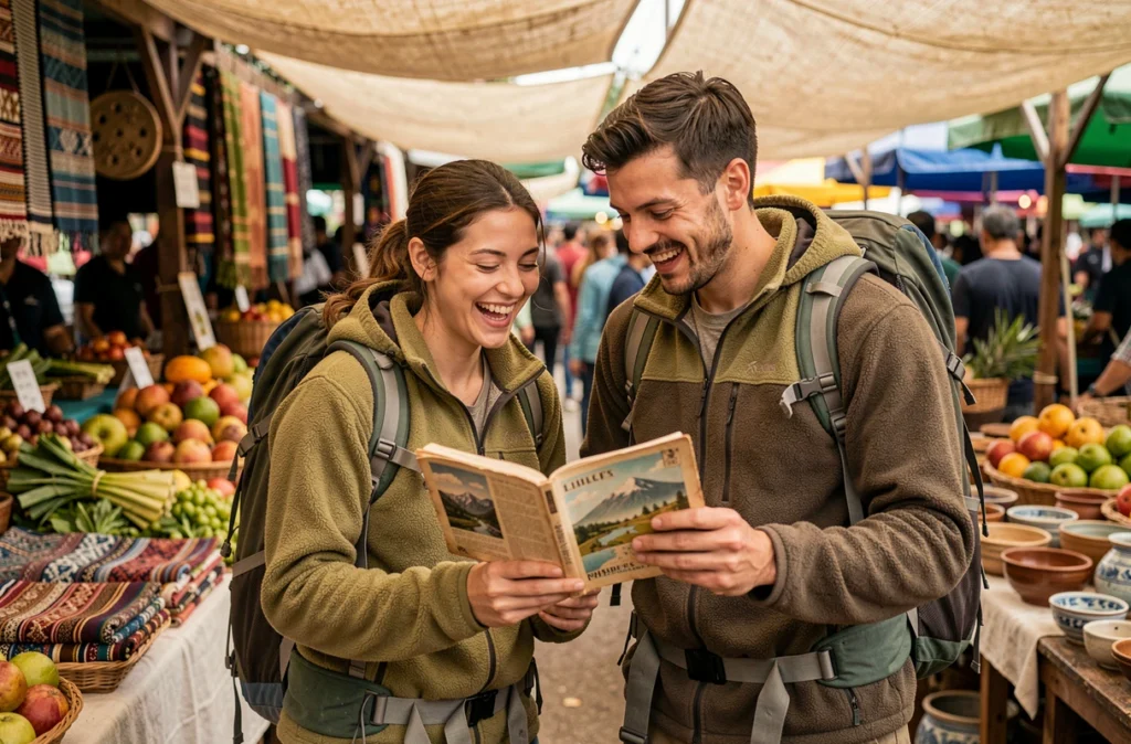 Deux amis voyageurs riant devant un guide de voyage dans un marché en plein air coloré en Asie du Sud-Est