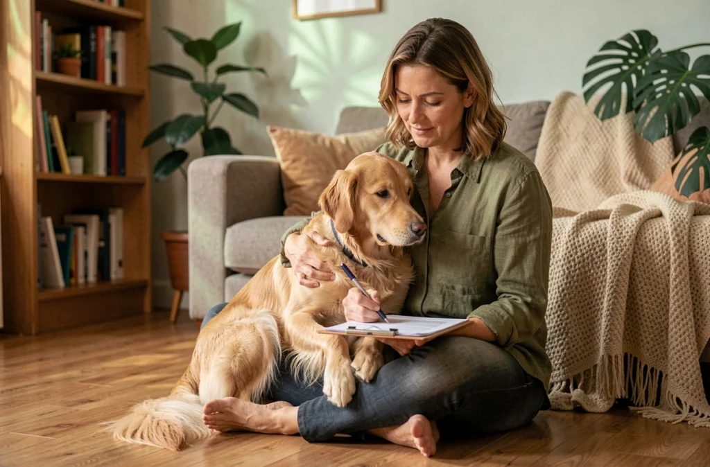 Femme consultant des documents d'assurance animaux avec son golden retriever dans un salon chaleureux