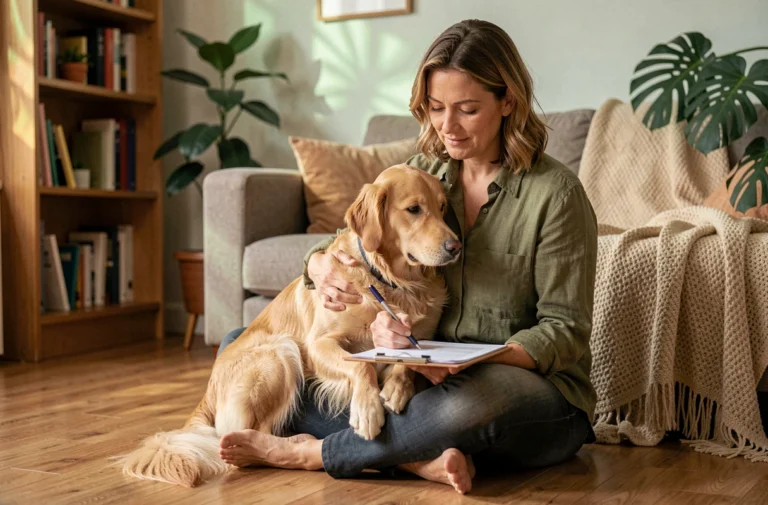 Femme consultant des documents d'assurance animaux avec son golden retriever dans un salon chaleureux