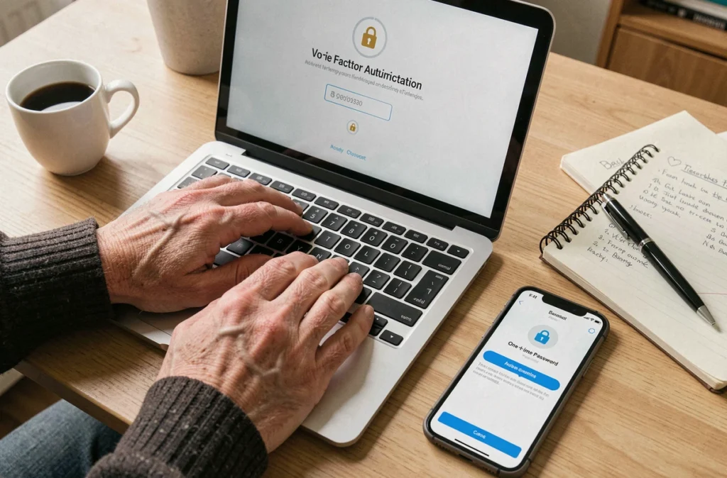 Gros plan sur des mains utilisant une authentification à double facteur pour sécuriser l'accès à un extranet en ligne