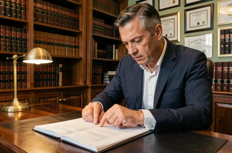Avocat examinant un contrat de bail commercial dans un cabinet juridique