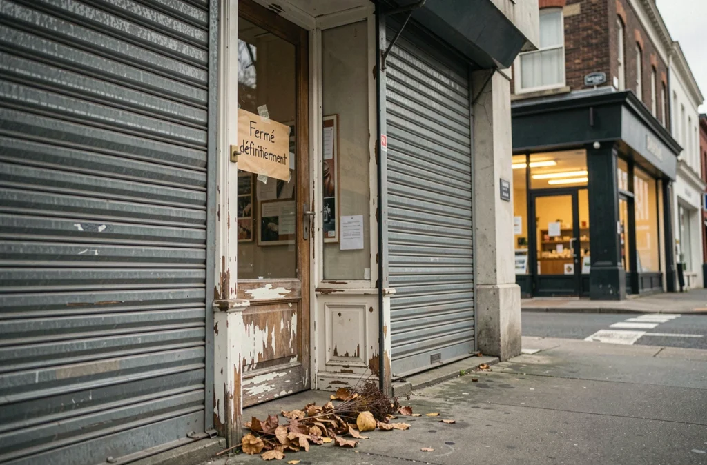 Devanture de commerce fermée définitivement avec volet métallique baissé et affiche manuscrite, symbolisant la cessation d'activité et la disparition d'une entreprise