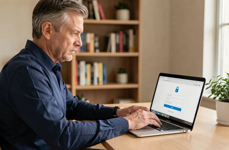 Homme en chemise bleue se connectant de façon sécurisée à un extranet professionnel sur son ordinateur portable depuis un bureau à domicile