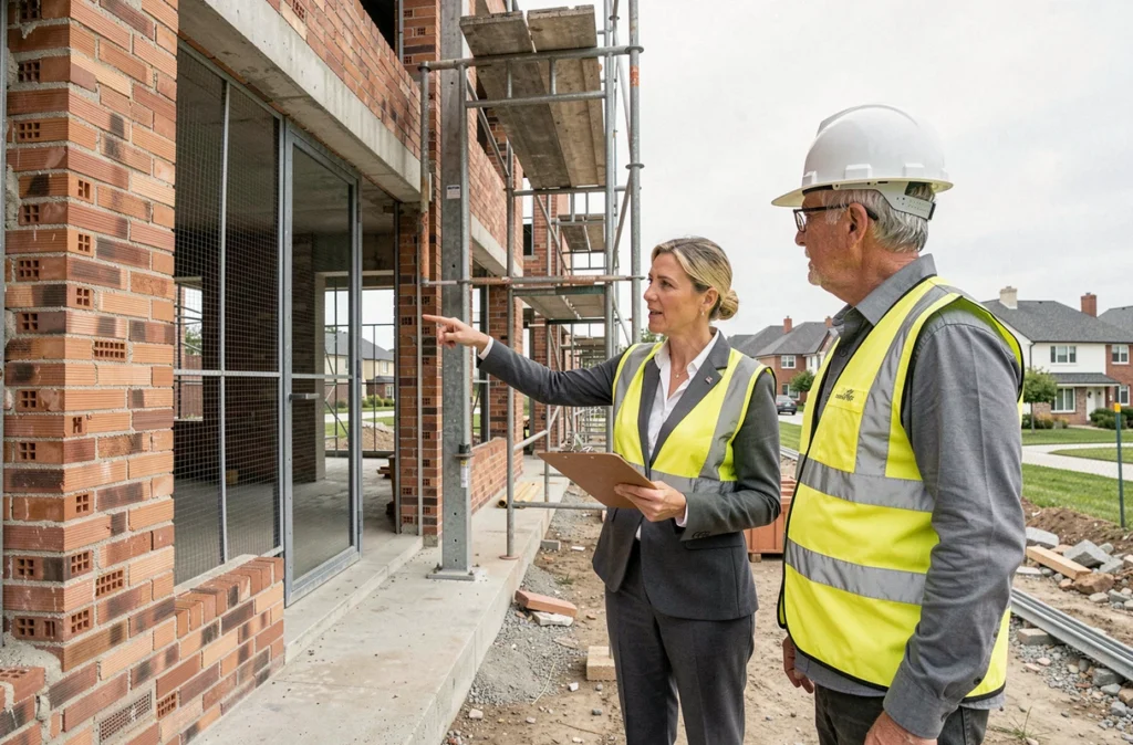 Conseillère immobilière et chef de chantier inspectant un immeuble neuf en construction dans un quartier résidentiel