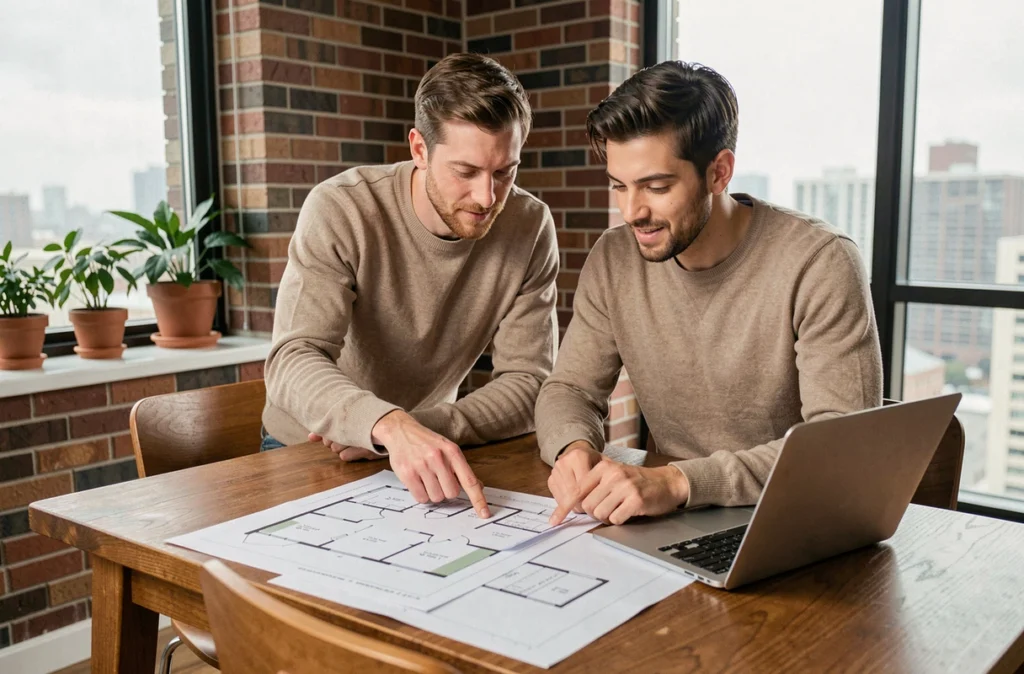 Couple analysant des plans immobiliers sur une table en bois dans un appartement moderne en 2024