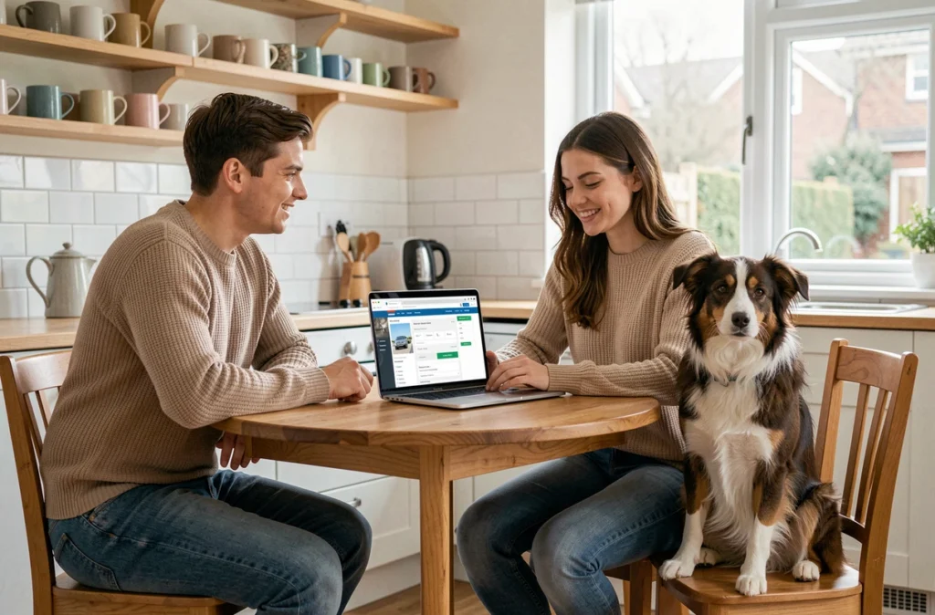 Couple comparant des offres d'assurance animaux sur un ordinateur portable avec leur chien border collie dans une cuisine