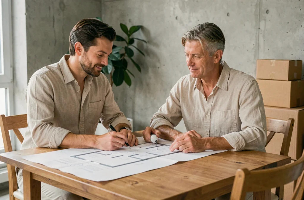 Couple étudiant les plans de leur futur logement neuf autour d'une table en bois dans un appartement moderne